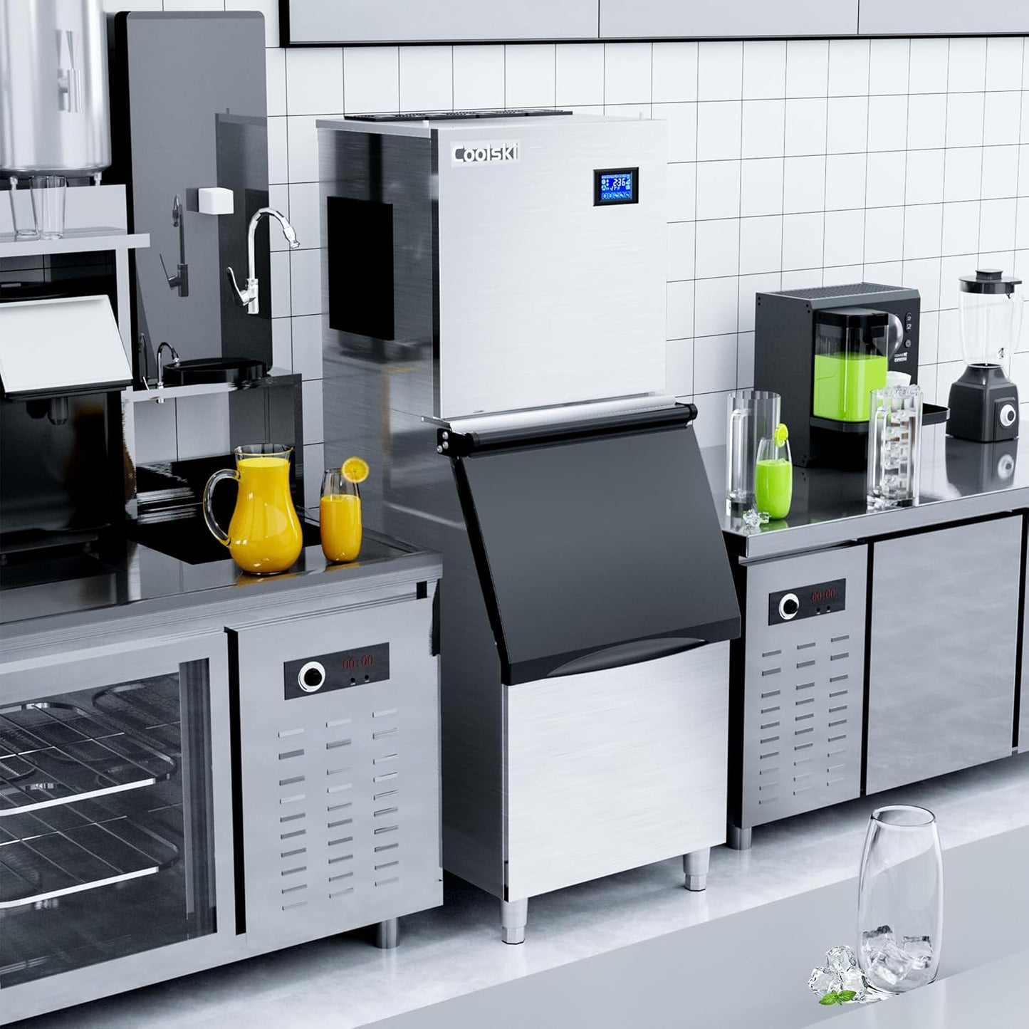 Commercial Ice Maker Machine 300-350LBS/24H, 22'' Air Cooled Commercial Ice Machine with Ice Bin, Modular Ice Machine for Restaurants Clear Ice Cubes/Stainless Steel Construction/ETL Approved