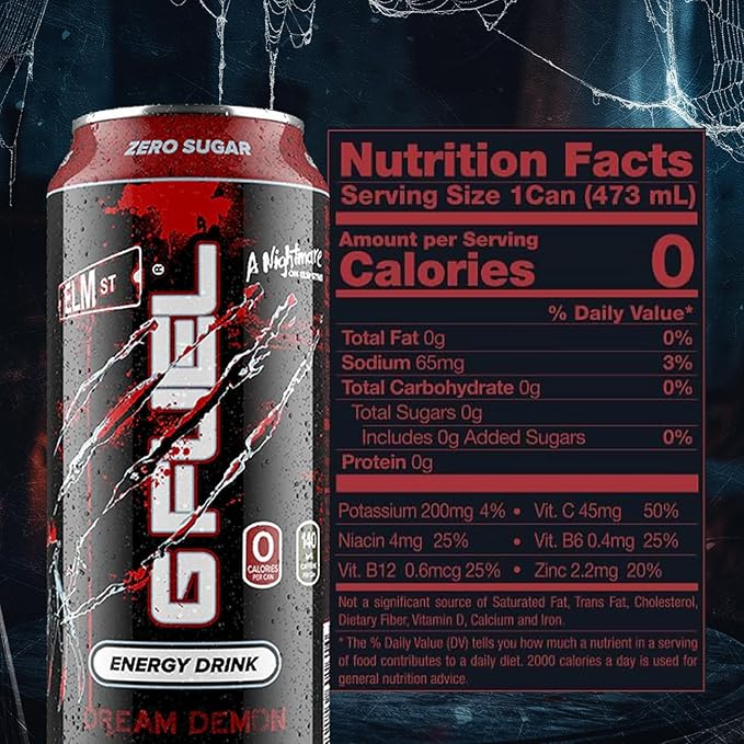 G Fuel Energy Drink, Fruit Punch, Sugar Free Beverage with 140mg Caffeine, Daily Energy Boost with Focus Amino, Vitamin + Antioxidants, 16 oz Cans (Nightmare on Elm Street, 12-Pack)