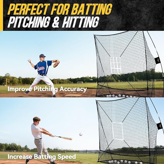 PodiuMax 7x7 Baseball & Softball Net with Upgraded Triangular Base, Large Ball Collection System, Softball Pitching Net with 2 Strike Zone, Baseball Nets for Batting Pitching Fielding