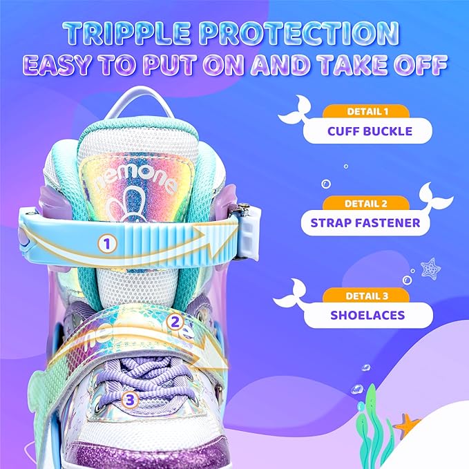 NEMONE Mermaid Inline Skates, 4 Sizes Adjustable Skates for Girls Kids with Light up Wheels, Indoor Beginner Outdoor for Kids Ages 4-6 5-8 6-12 8-12