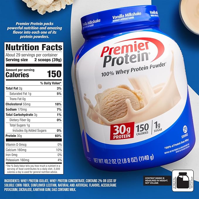 Premier Protein Protein Powder, 30g Protein, 1g Sugar, No Soy Ingredients, Gluten Free, Vanilla Milkshake, 29 Servings, 40.2oz
