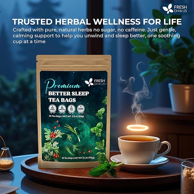 FreshDrinkUS, Premium 55 Tea Bags Better Sleep Herbal Tea | Caffeine-Free Loose Leaf Blend with Spearmint Leaves, Lemongrass Leaves, and Hawthorn Berry β Naturally Refreshing and Aromatic.