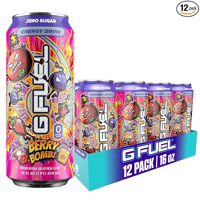 G Fuel Energy Drink, Berry Bomb, Sugar Free Carbonated Beverage with 300mg Caffeine, Daily Energy Boost with Focus Amino, Vitamin + Antioxidants, 16 oz Cans (Berry Bomb, 12-Pack)