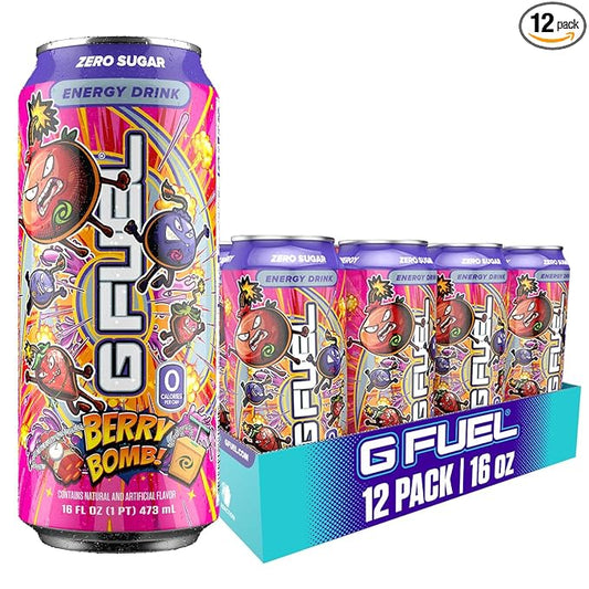 G Fuel Energy Drink, Berry Bomb, Sugar Free Carbonated Beverage with 300mg Caffeine, Daily Energy Boost with Focus Amino, Vitamin + Antioxidants, 16 oz Cans (Berry Bomb, 12-Pack)