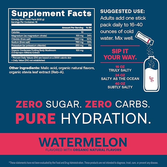 True Grace ElectroMag - 16 Stick Packs - Watermelon - Electrolyte Powder for Rapid Hydration - Sodium, Potassium, Magnesium & Cordyceps - Zero Sugar & Carbs - Non-GMO - 16 Total Servings