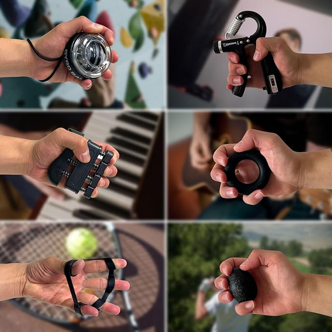 Hand Grip Strengthener Workout Kit (8 Pack) Forearm Grip Adjustable Resistance Hand Gripper, Finger Stretcher, Finger Exerciser, Grip Ring,Gyro Ball