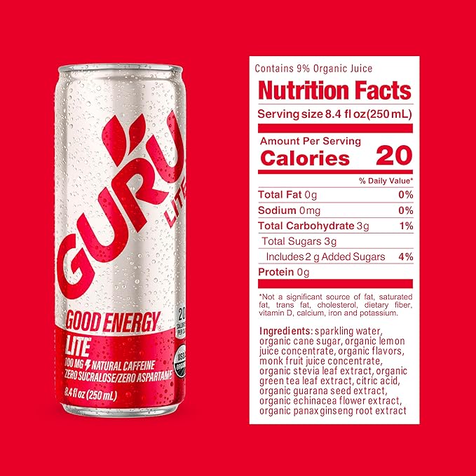 GURU Lite Organic Energy Drinks, Clean Energy Drink with Plant Based Natural Caffeine from Green Tea, Low Calorie, Gluten Free and Vegan, 100MG Caffeine, Healthy Drinks, 8.4oz (Pack of 24)
