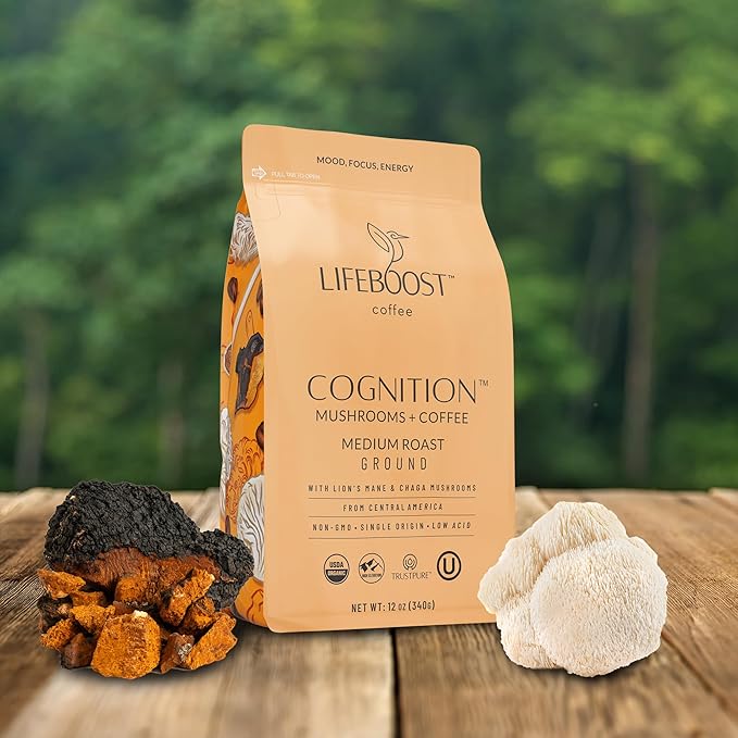 Lifeboost Cognition Adaptogenic Mushroom Coffee - Great Tasting Organic Lions Mane & Chaga Medium Roast Nootropic Coffee - Increase Energy, Boost Focus & Immune Support - 12 oz Bag - Ground
