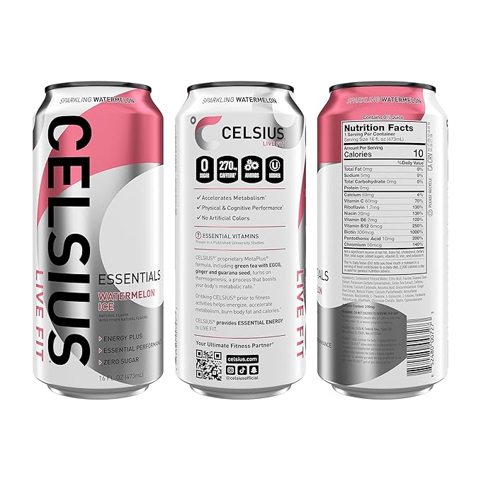CELSIUS ESSENTIALS™ Sparkling Watermelon Ice, Sugar Free Performance Energy Drink, 16 Fl Oz (Pack of 12)