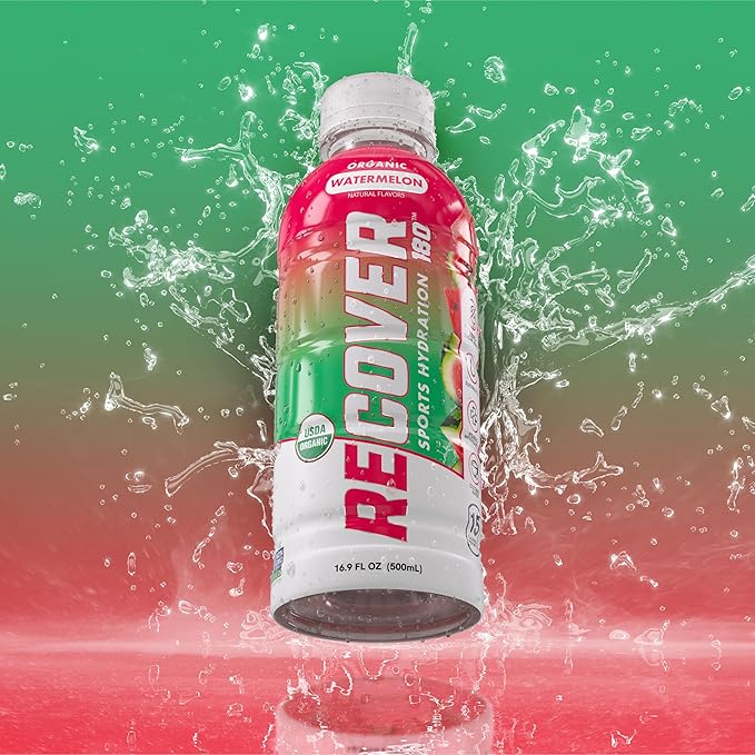 RECOVER 180 Organic Sports Hydration Drink, No Sugar Added, 20 Calorie Sports Beverage, Organic Flavors With Vitamins, Potassium-Packed Electrolytes (16.9 Fl Oz (Pack of 12), Watermelon)