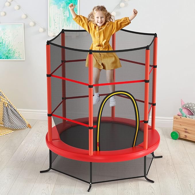 GYMAX Toddler Trampoline, 55” Trampoline for Kids with Bottom-to-Top All-Round Enclosure Net & Seamless Jumping Mat, ASTM Approved Easy Assembly Kids Mini Trampolines Indoor/Outdoor