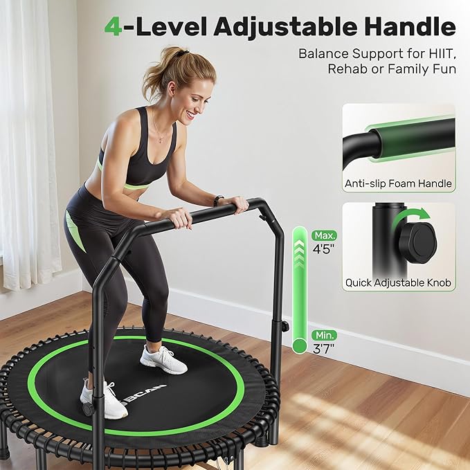 BCAN 40"/48" Rebounder Trampoline for Adult, 450/550LBS Fitness Trampoline with Bungees, Adjustable Handle, Stable & Quiet, Indoor Outdoor, Whole-Body Workout & Relaxation at Home for Women/Men