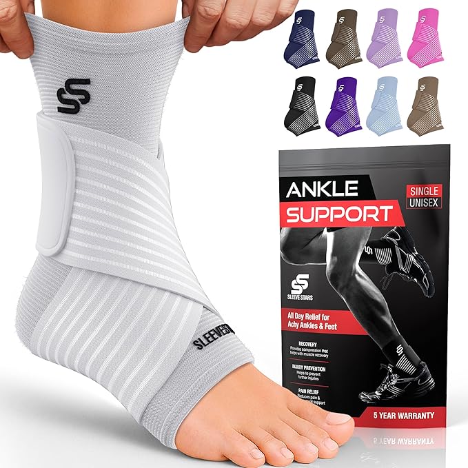 Sleeve Stars Ankle Brace for Women & Men, Ankle Wrap for Sprained Ankle, Compression Sleeve for Plantar Fasciitis Relief, Easy Customizable Support: w/Removable Strap (Single/S:9"-10"/White)
