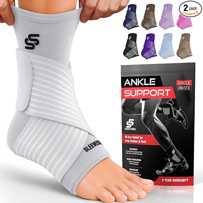 Sleeve Stars Ankle Brace for Women & Men, Ankle Wrap for Sprain, Compression Sleeve for Plantar Fasciitis Relief, Easy Customizable Support: w/ Removable Strap (Pair/M:10"-12"/White)