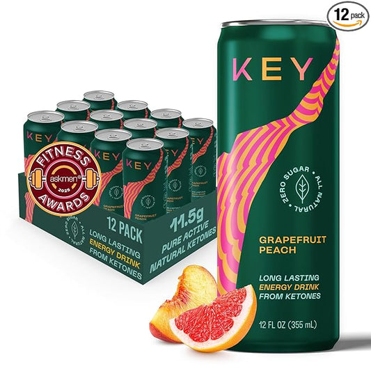KEY Ketone Energy Drink : Sugar Free, 80mg Low Caffeine, All Natural, 11.5g Ketones, Long Lasting Energy, Green Tea & L-Theanine for Mental Focus, Grapefruit Peach (Pack of 12)