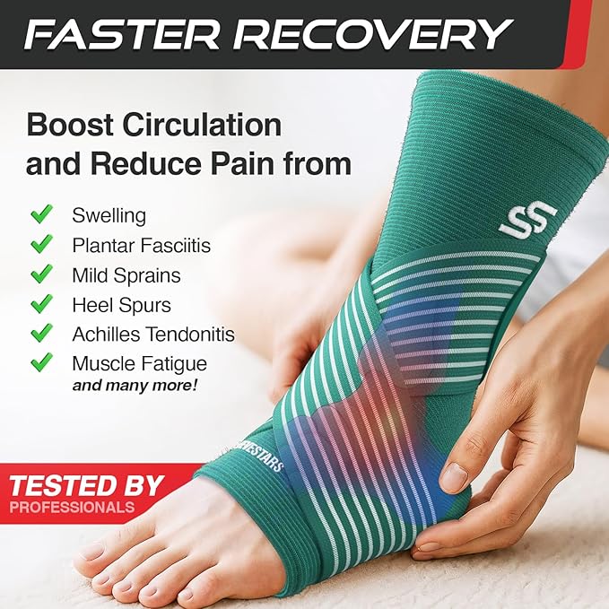 Sleeve Stars Ankle Brace for Women & Men, Ankle Wrap for Sprain, Compression Sleeve for Plantar Fasciitis Relief, Easy Customizable Support: w/ Removable Strap (Single/M:10"-12"/Turquoise)
