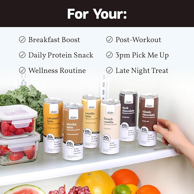 Slate Milk - High Protein Iced Coffee - Vanilla Latte - 175mg Caffeine, Lactose Free Energy - 20g Protein, 1g Sugar, 100 Calories, 1g Net Carbs, No Sugar Added - Protein Coffee - 11 fl oz, 48 Cans