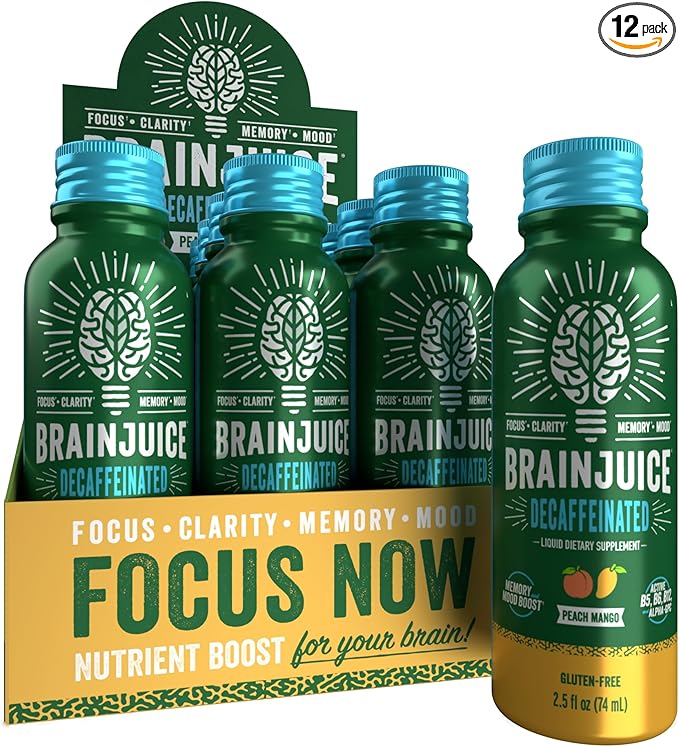 BrainJuice Decaf Brain Support Shot, Gluten Free Supplement Shots for Energy & Focus, Healthy Drinks with Alpha GPC, Vitamin B & Decaffeinated Green Tea Leaf, Classic, 2.5 fl oz, 12 Pack