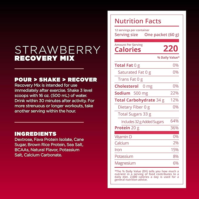 Tailwind Nutrition Recovery Mix, 20 Grams Complete Protein, Carbohydrates, and Electrolytes Powder Drink Mix for Post-Workout, Free of Gluten, Soy, and Dairy, Vegan, 12 Servings, Strawberry