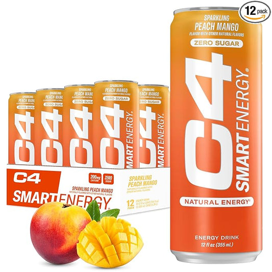 Cellucor C4 Smart Energy Drink ‚ Boost Focus and Energy with Zero Sugar, Natural Energy, and Nootropics - 200mg Caffeine - Peach Mango (12oz Pack of 12)