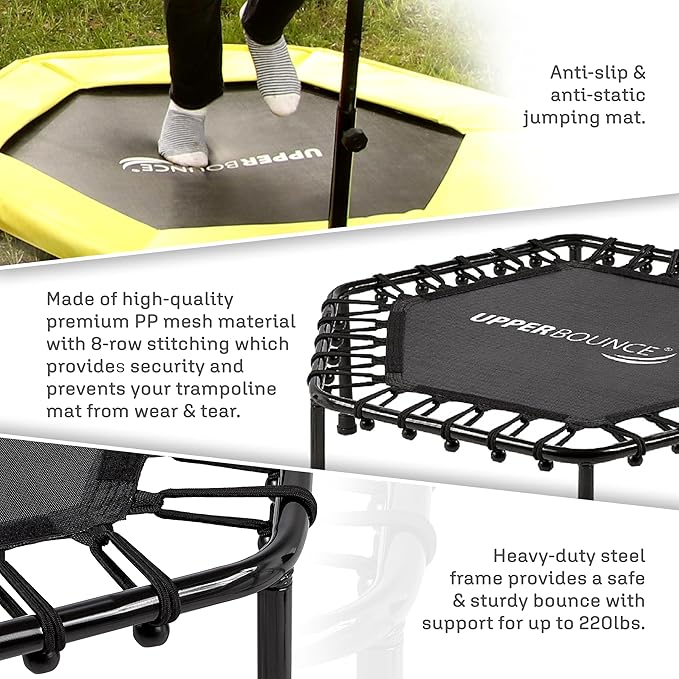 Upper Bounce Mini Workout Trampoline with Adjustable T-Shaped Handrail – Hexagonal Rebounder Trampoline for Kids & Adults – Fitness & Recreational Trampolines, Supports up to 220 lbs.
