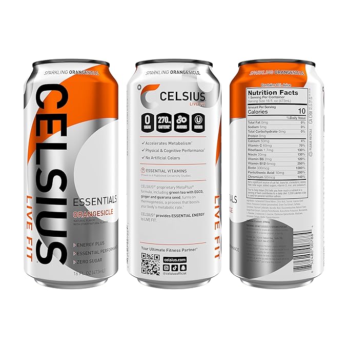 CELSIUS ESSENTIALS™ Sparkling Orangesicle, Sugar Free Performance Energy Drink, 16 Fl Oz (Pack of 12)