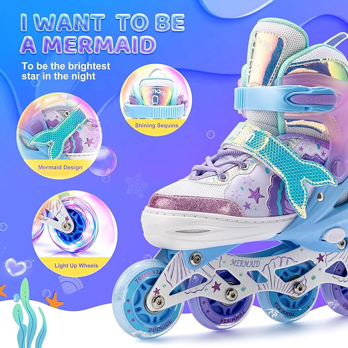 NEMONE Mermaid Inline Skates, 4 Sizes Adjustable Skates for Girls Kids with Light up Wheels, Indoor Beginner Outdoor for Kids Ages 4-6 5-8 6-12 8-12