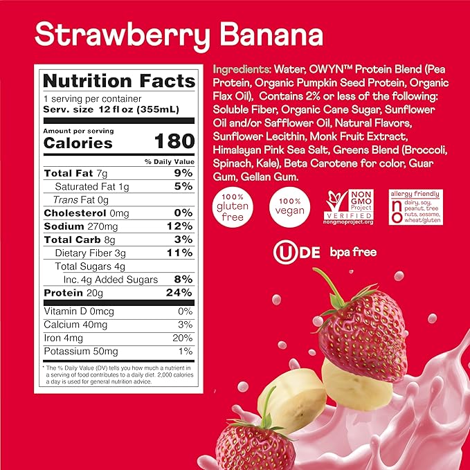 OWYN Only What You Need Vegan Protein Shake, Strawberry Banana,12 Fl Oz (Pack of 12), 100-Percent Plant Based, Dairy & Gluten Free, Soy & Tree Nut-Free, Egg-Free, Allergy-Free, Vegetarian, Kosher