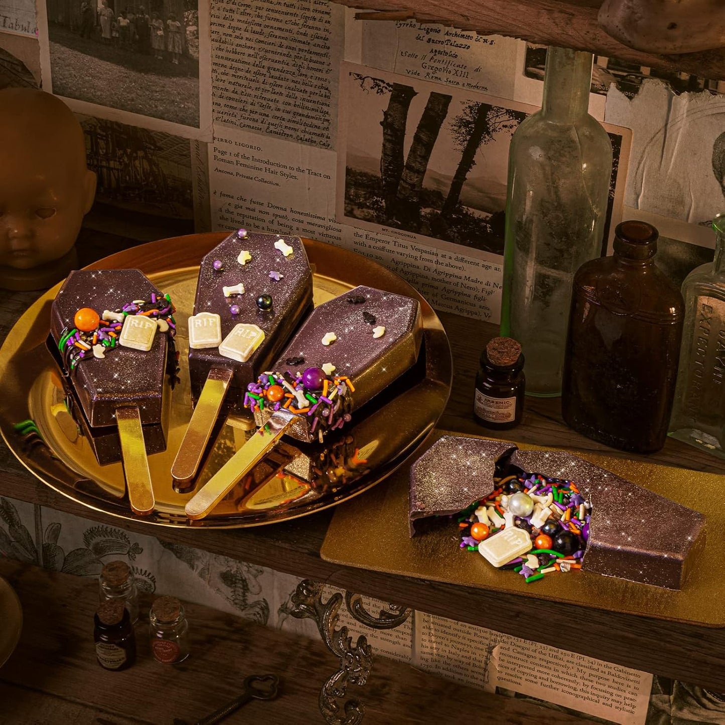 Fancy Sprinkles Limited Edition Halloween Elvira Coffin Cakesicle Mold, 4 Cavities Reusable Silicone, For Baking & Dessert Decorating, Includes 8 Dual-Sided Metallic Acrylic Sticks (10 ΒΌβ x β
β x 6 β
β)