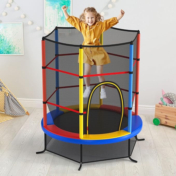 GYMAX Toddler Trampoline, 55” Trampoline for Kids with Bottom-to-Top All-Round Enclosure Net & Seamless Jumping Mat, ASTM Approved Easy Assembly Kids Mini Trampolines Indoor/Outdoor