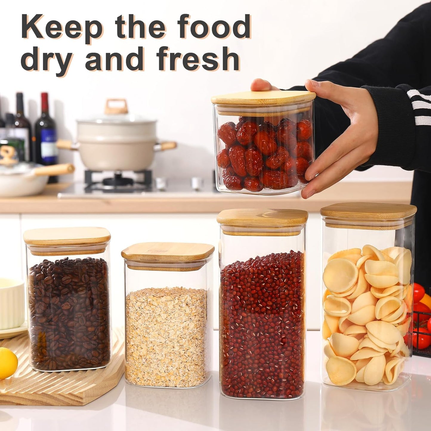 Glass Food Storage Jars with Lids(24oz/37oz/50oz)Square Set of 6 ,Glass Storage Containers Clear Glass Food Canister with Bamboo Lid Airtight For Serving Tea, Coffee Beans, Candy,Spice and More