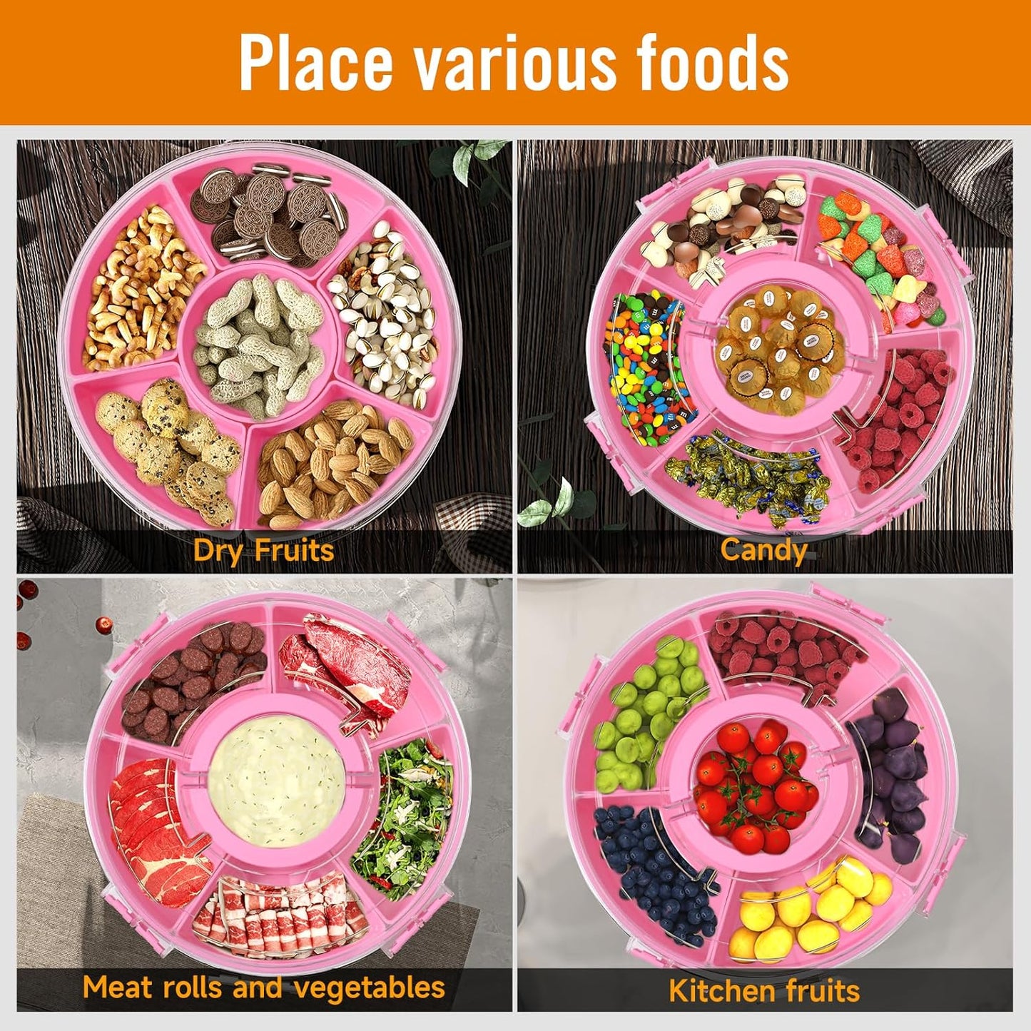 Divided Rotating Serving Tray with Lid and Handle,Portable Snackle Box Container,Spinner Organizer and Storage for Adults,Child,Fruits,Candy,Nuts,Veggie,Charcuterie,Snacks,Picnic,Road Travel Party