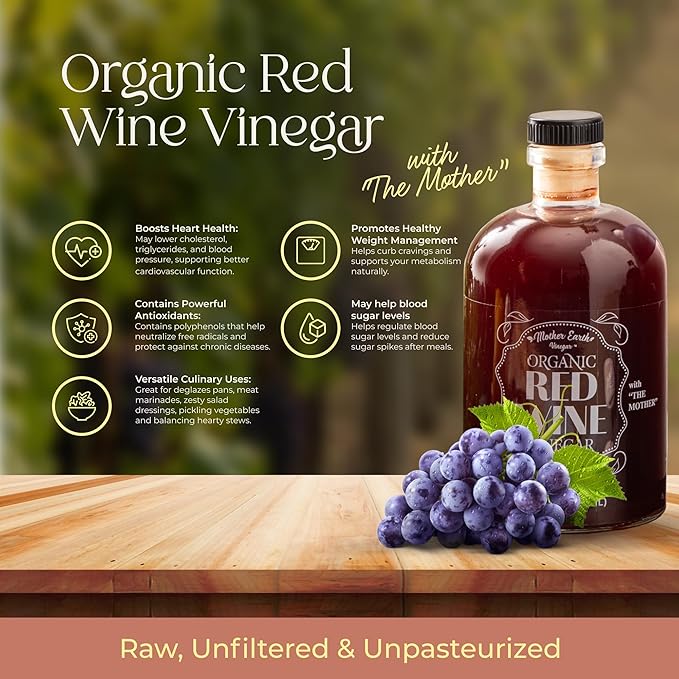 Mother Earth, Organic Red Wine Vinegar with The Mother, Fresh Pressed Organic Cabernet Grapes, ORWV, RWV, Raw, Unpasteurized, Unfiltered (1/14oz Apothecary Glass Bottle with Pour Spout)