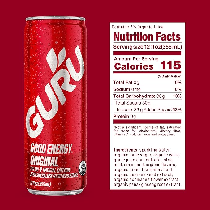 GURU Original Organic Energy Drinks, Clean Energy Drink with Plant Based Natural Caffeine from Green Tea, Gluten Free and Vegan, 140MG Caffeine, Healthy Drinks, 12oz (Pack of 12)