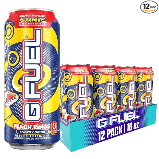 G Fuel Energy Drink, Peach Ring Candy, Sugar Free Beverage with 300mg Caffeine, Daily Energy Boost with Focus Amino, Vitamin + Antioxidants, 16 oz Cans (Sonic, 12-Pack)