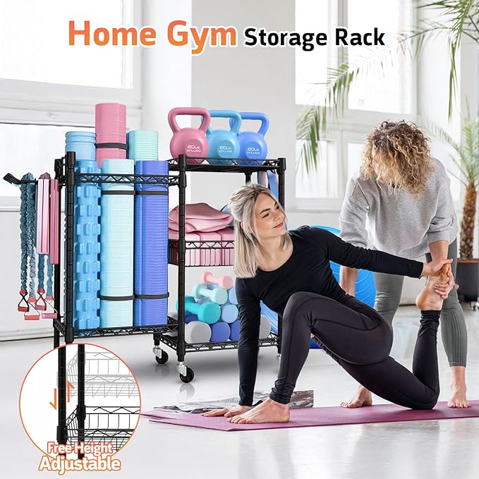 Dumbbell Rack, 3 Tier Adjustable Workout Equipment Storage with Locking Wheels & 4 Hooks, Home Gym Storage for Yoga Mat, Foam Roller, Dumbbell, Kettlebell, Fitness Ball and Resistance Band