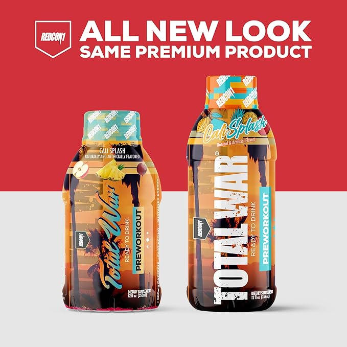 REDCON1 Total War Ready to Drink Pre Workout - Endurance Boosting, Keto Friendly RTD Formula - Amino Acid + Citrulline Malate Pre Workout Drink for Men & Women (Cali Splash, 12 Servings)