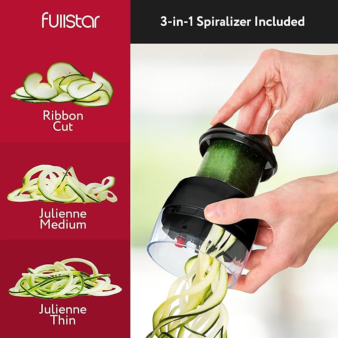 Fullstar All-in-1 Vegetable Chopper and Mandoline Slicer for Kitchen - Cheese Grater, French Fry Cutter, Cheese Slicer - Bonus Handheld Spiralizer Included (6 in 1, Black)