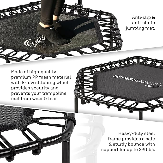 Upper Bounce Mini Workout Trampoline with Adjustable T-Shaped Handrail – Hexagonal Rebounder Trampoline for Kids & Adults – Fitness & Recreational Trampolines, Supports up to 220 lbs.