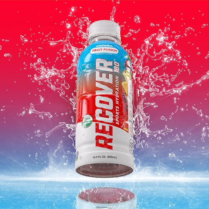 RECOVER 180 Organic Sports Hydration Drink, No Sugar Added, 20 Calorie Sports Beverage, Organic Flavors With Vitamins, Potassium-Packed Electrolytes (16.9 Fl Oz (Pack of 12), Fruit Punch)