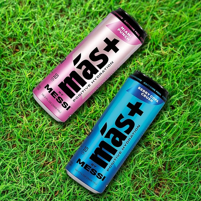 Más+ By Messi 19.2oz Miami Punch Sports Drink & Hydration Beverage, Natural Flavors with Vitamins and Electrolytes, No Artificial Sweeteners or Colors, 12-pack