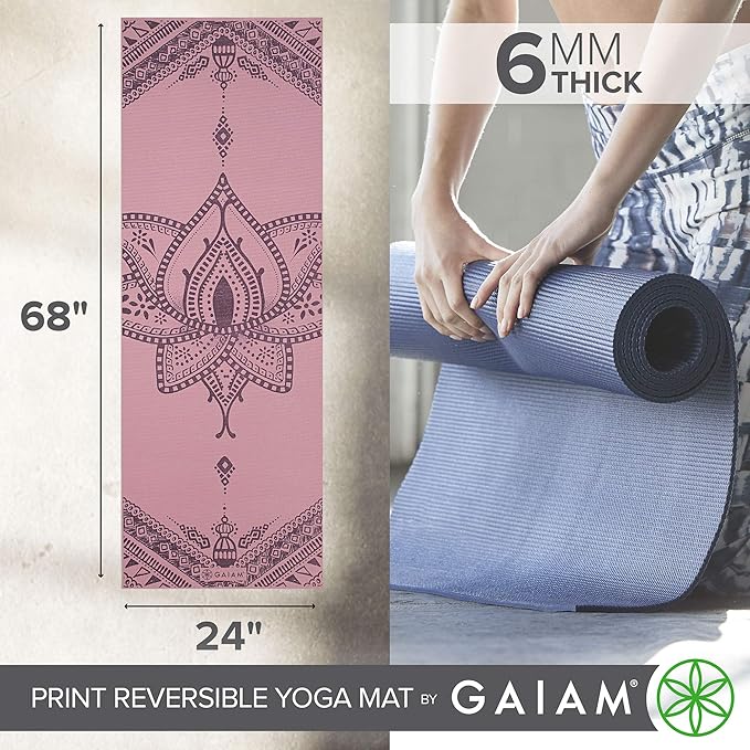 Gaiam Yoga Mat - Premium 6mm Print Reversible Extra Thick Non Slip Exercise & Fitness Mat for All Types of Yoga, Pilates & Floor Workouts (68" x 24" x 6mm Thick)
