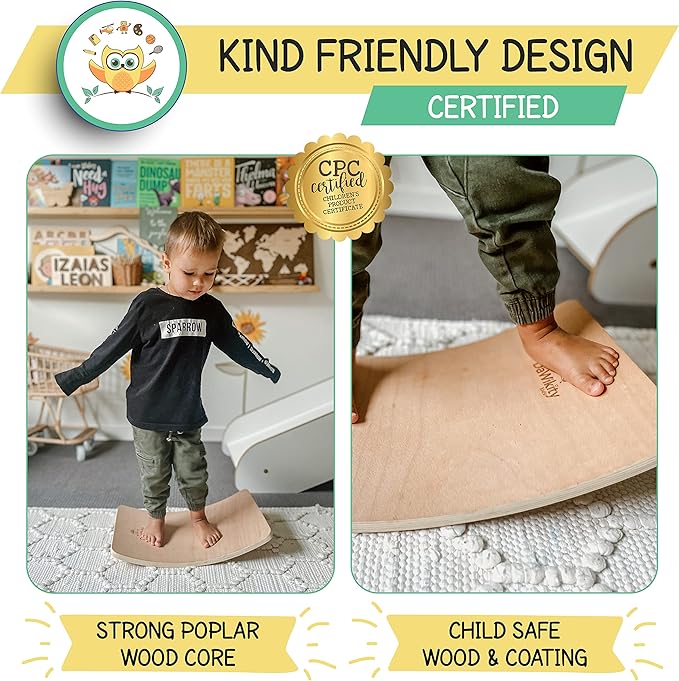 Balance Board - Wooden Wobble Board for Kids - Compact Balancing Trainer - Poplar Core - Eco-Coating - Sensory Motor Development - Core Strengthening - 17x12x3", Up to 480 lbs Capacity