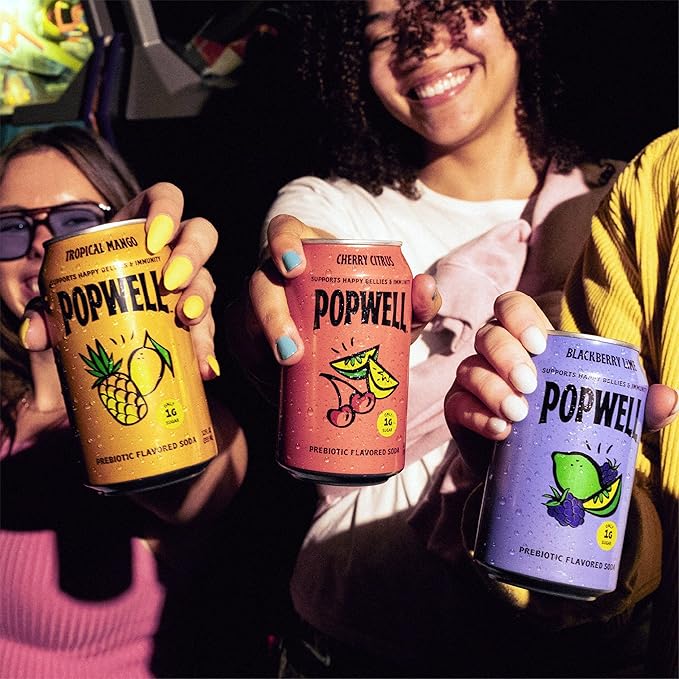 Popwell Variety Pack Better-For-You Prebiotic Soda, with 6g Fiber, 1g Sugar, Vitamins and Immunity Support, 12 fl oz, 12 count (Blackberry Lime, Cherry Citrus, Tropical Mango)