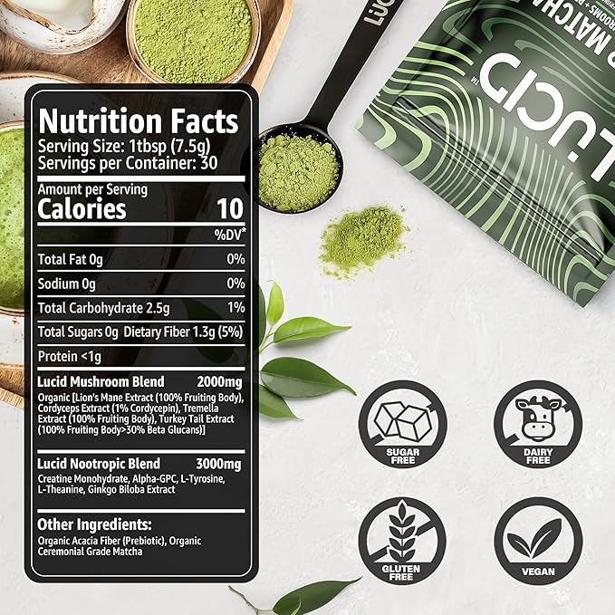 Lucid Superfood Organic Mushroom Matcha with Nootropics - Lion's Mane, Tremella, Cordyceps & Turkey Tail - Instant Mushroom Matcha Focus Brain Health - Alpha GPC, L-Theanine, Ginko Biloba - USA Made