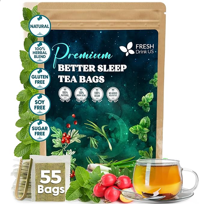 FreshDrinkUS, Premium 55 Tea Bags Better Sleep Herbal Tea | Caffeine-Free Loose Leaf Blend with Spearmint Leaves, Lemongrass Leaves, and Hawthorn Berry β Naturally Refreshing and Aromatic.