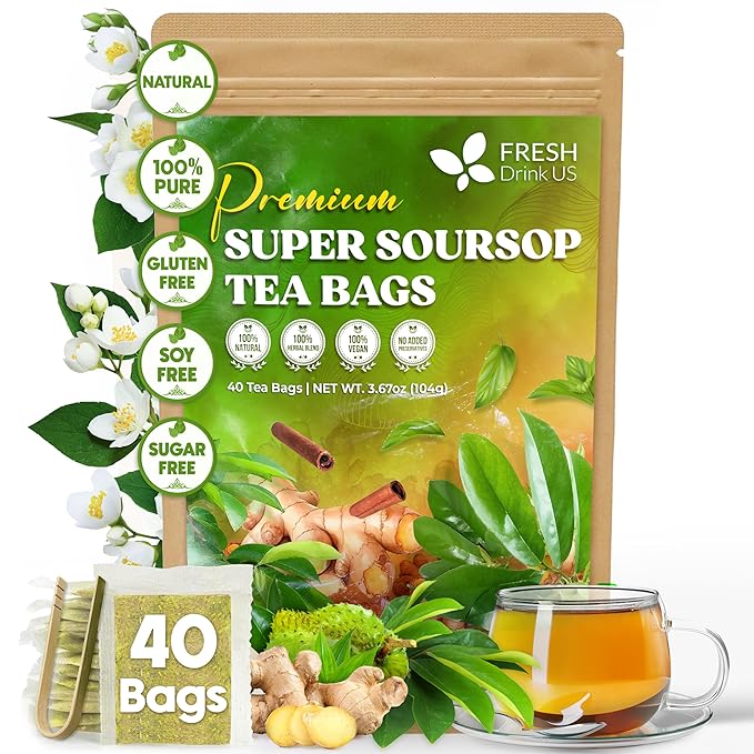 FreshDrinkUS, Super Soursop Herbal Tea ā 40 Tea Bags | Soursop, Ginger, Turmeric, Lemongrass, Cinnamon, Black Pepper & Peppermint | Caffeine-Free, Natural Flavor, Plant-Based Blend | Sugar-Free