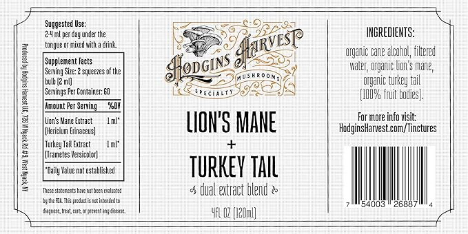 Organic Lion’s Mane + Turkey Tail Tincture | Made with Mushrooms Grown On Our Farm in The USA | Dual Extract | Extra-Concentrated (4 fl oz)