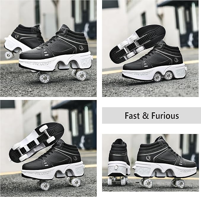 Roller Skate Shoes for Women Four Rounds Children's Roller Skates Shoes That Turn into Rollerskates Sneakers Outdoor Light Shoes with Wheels for Girls/Boys