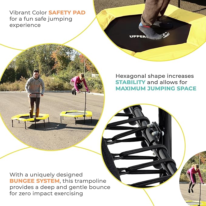 Upper Bounce Mini Workout Trampoline with Adjustable T-Shaped Handrail – Hexagonal Rebounder Trampoline for Kids & Adults – Fitness & Recreational Trampolines, Supports up to 220 lbs.